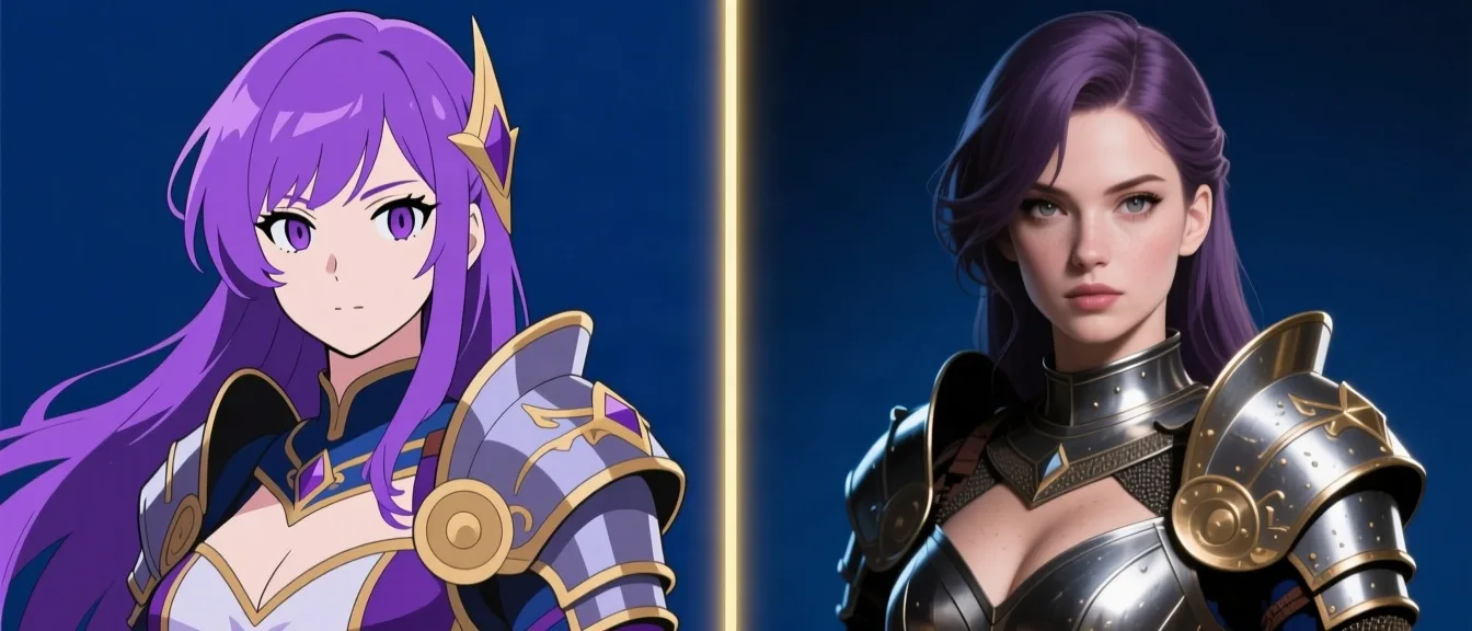 The same heroine rendered twice — anime on the left, photorealistic on the right