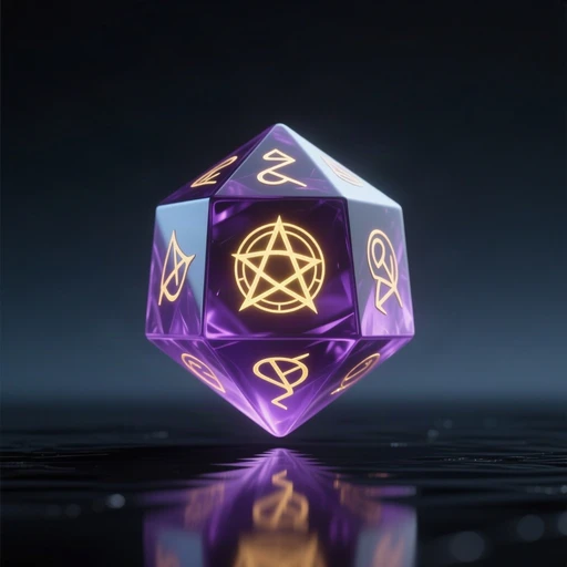 A glowing violet crystal twenty-sided die