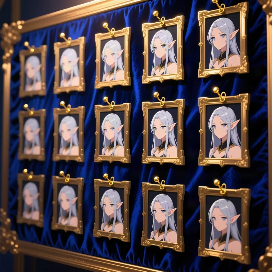 A grid of framed portrait miniatures of the same character from different angles