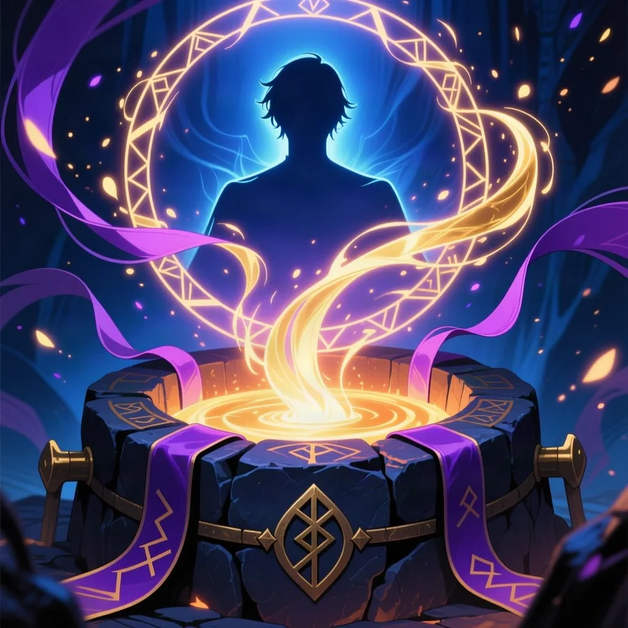 An arcane forge-circle with ribbons of light condensing into a portrait silhouette