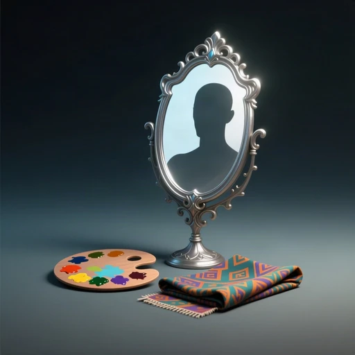 An ornate mirror beside a paint palette and a folded cloth swatch