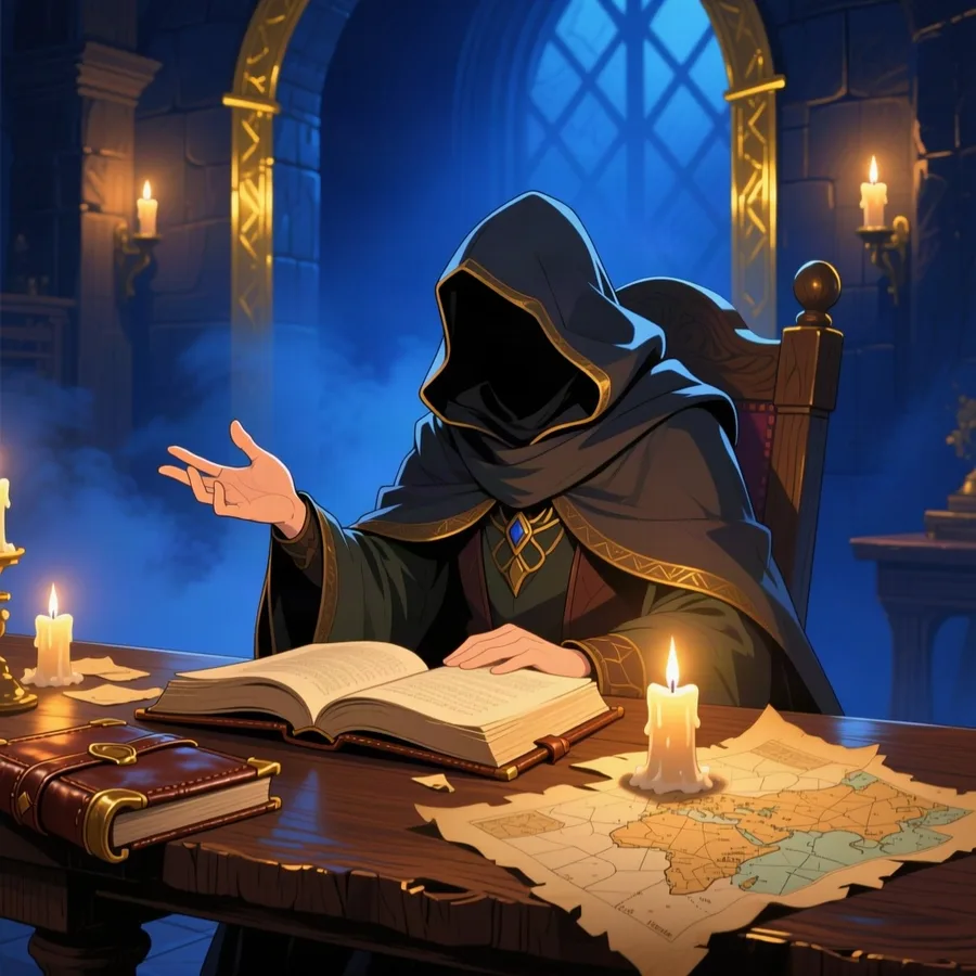 A hooded storyteller behind a candlelit table, mid-gesture, with an open tome and scattered maps