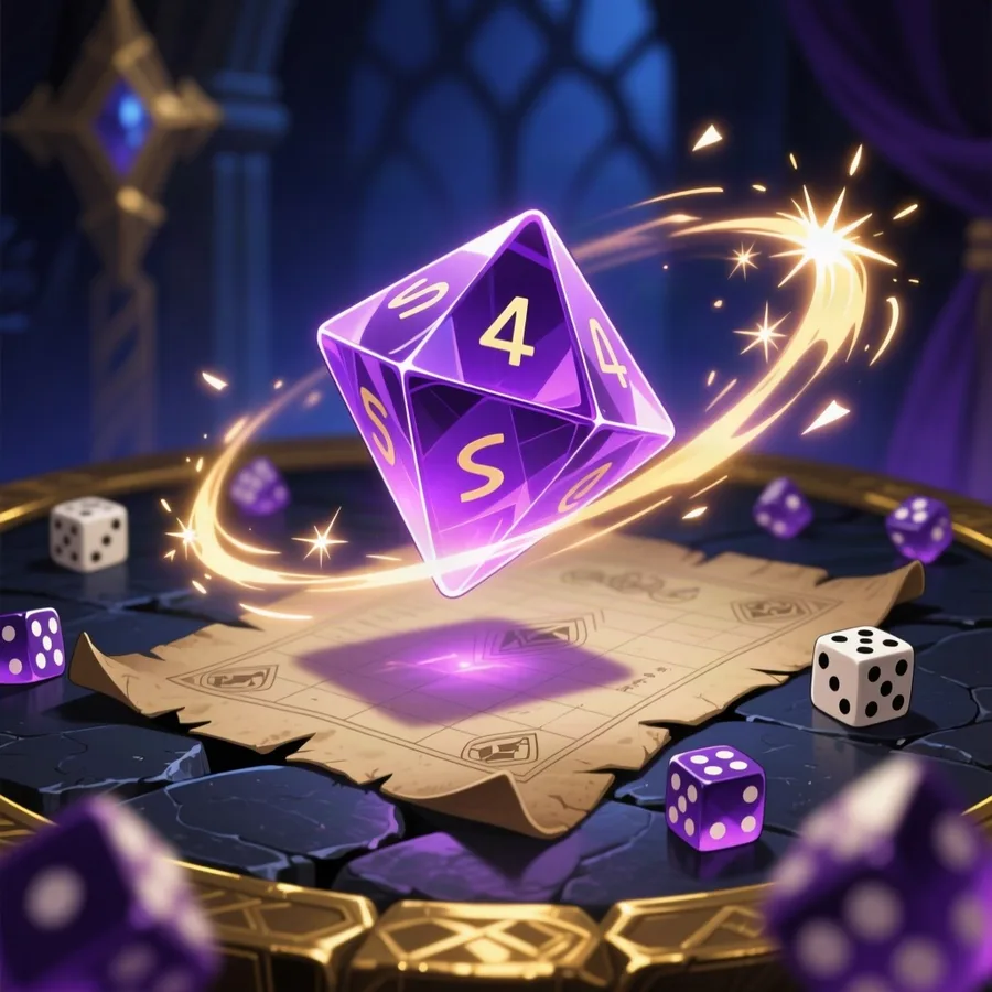 A glowing twenty-sided die caught mid-tumble above a dark stone tabletop