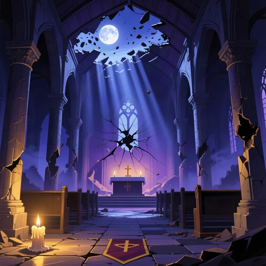 A ruined chapel interior at night, moonlight falling through a collapsed roof