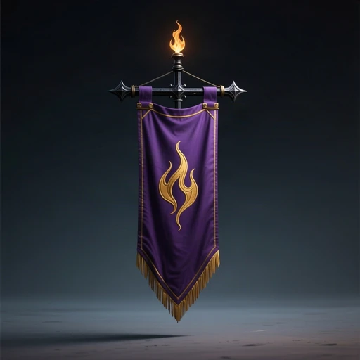 A hanging guild banner with a flame emblem