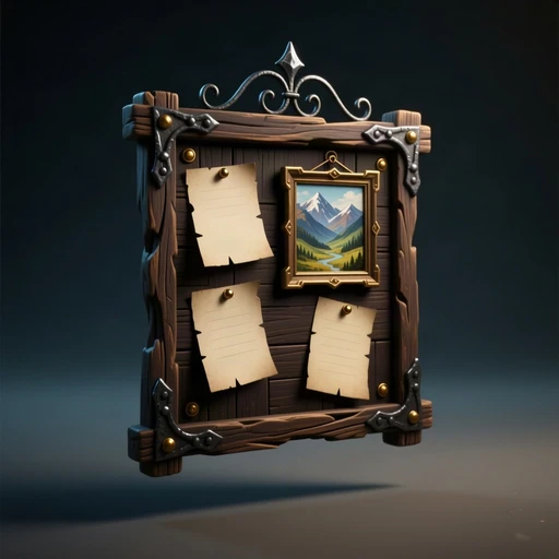 A wooden guild notice board with pinned parchment notes