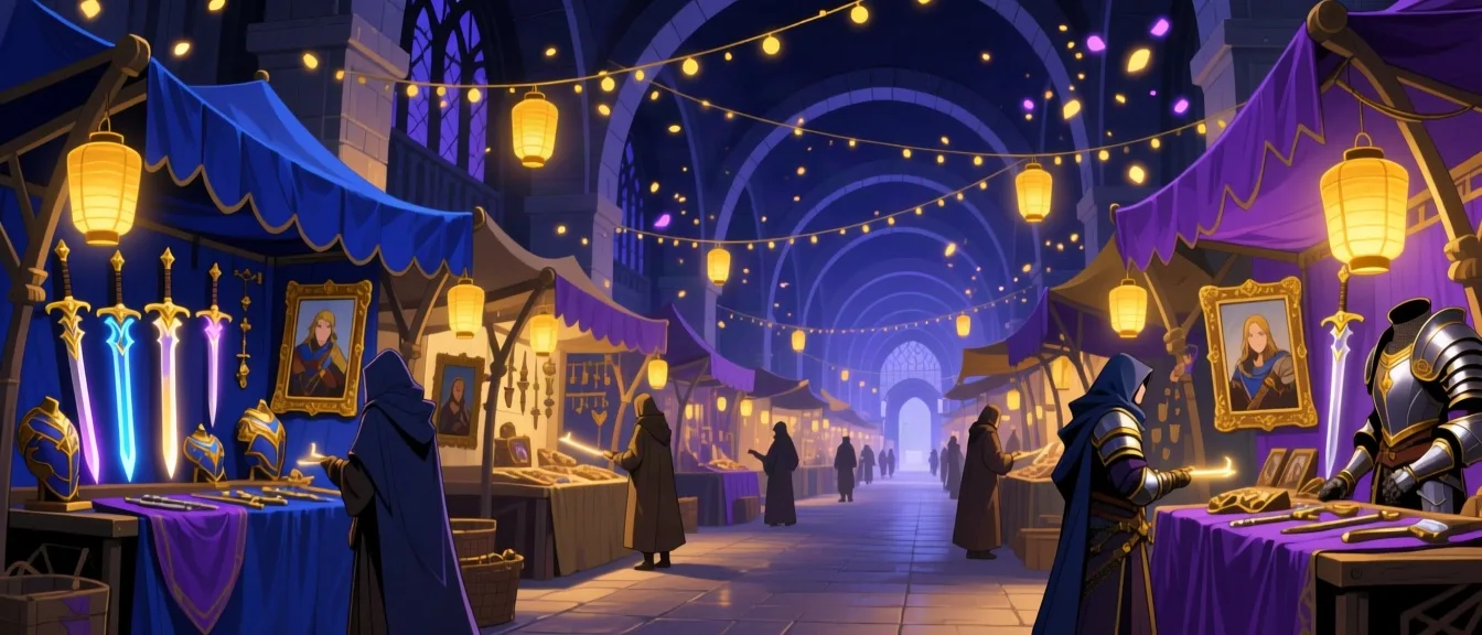 A torch-lit fantasy bazaar with stalls of enchanted gear for sale
