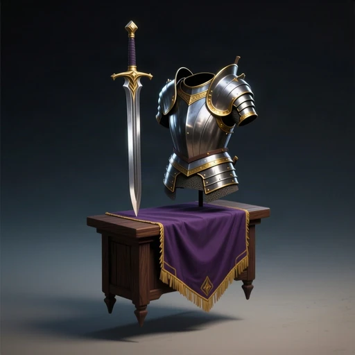 A merchant display stand with a sword and armor for sale