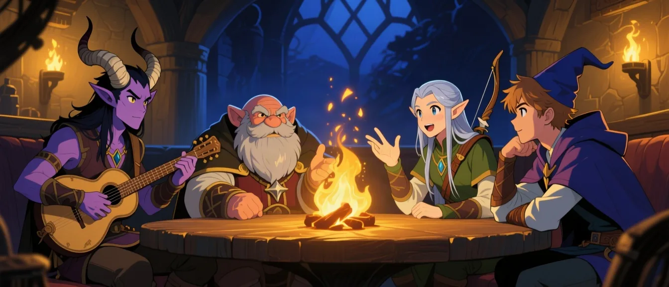 A party of four different companions talking together around a table in a firelit inn