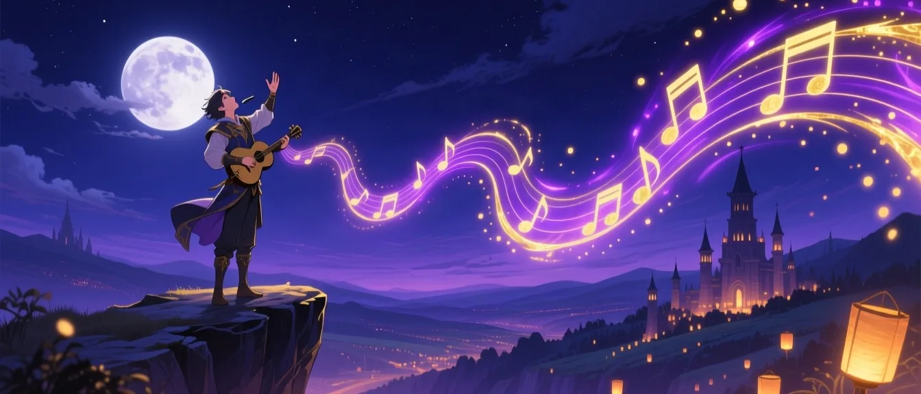A bard on a moonlit clifftop, luminous sound-waves rippling outward across the night sky
