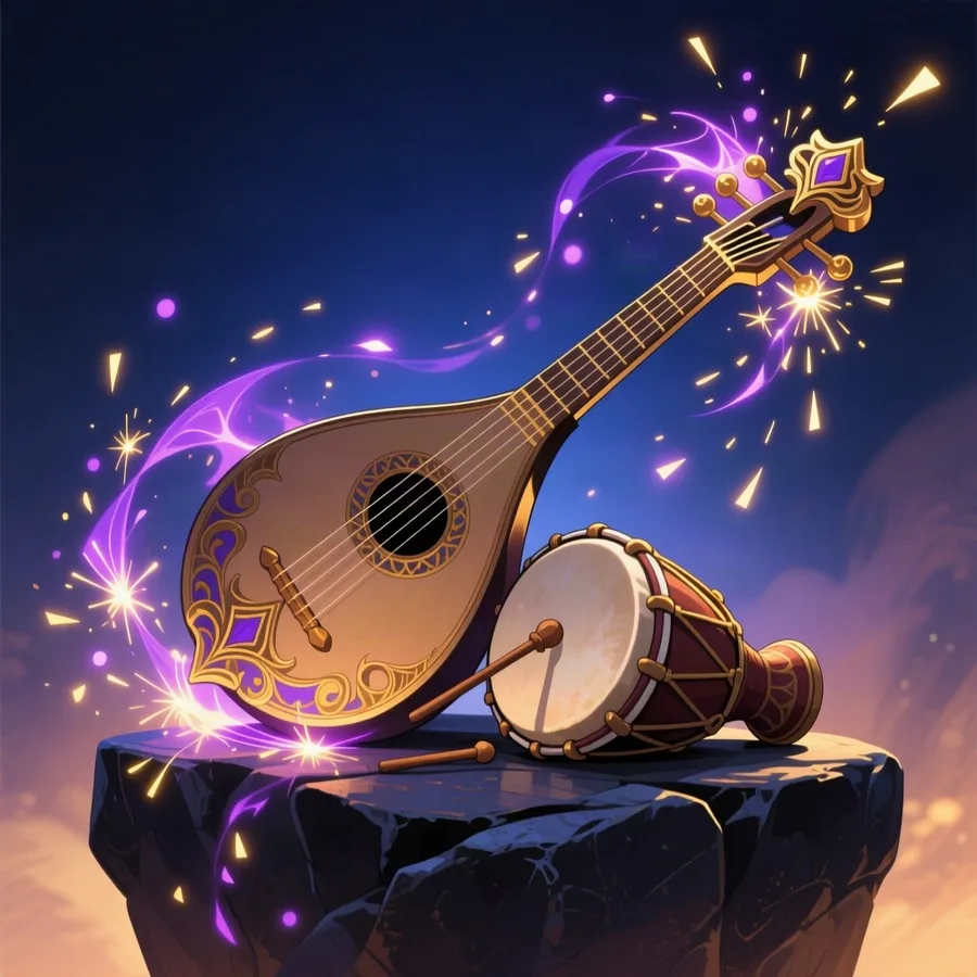 A lute and hand drum wreathed in drifting motes of light