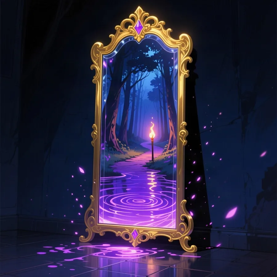 An enchanted mirror showing a moving glimpse of a torch-lit forest path