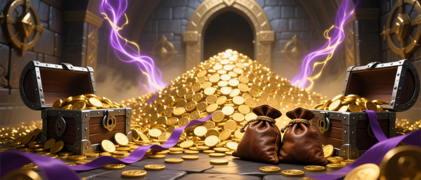 A royal treasure vault filled with gold and glowing violet arcane energy