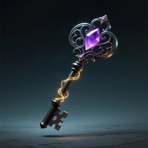 An ornate arcane key with a glowing violet crystal