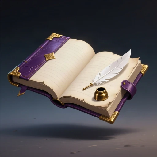 An open leather ledger with a quill and inkwell